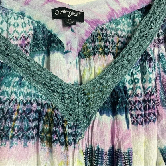 Greater Good 3X blue/purple tie dyed Boho print top - Picture 5 of 7